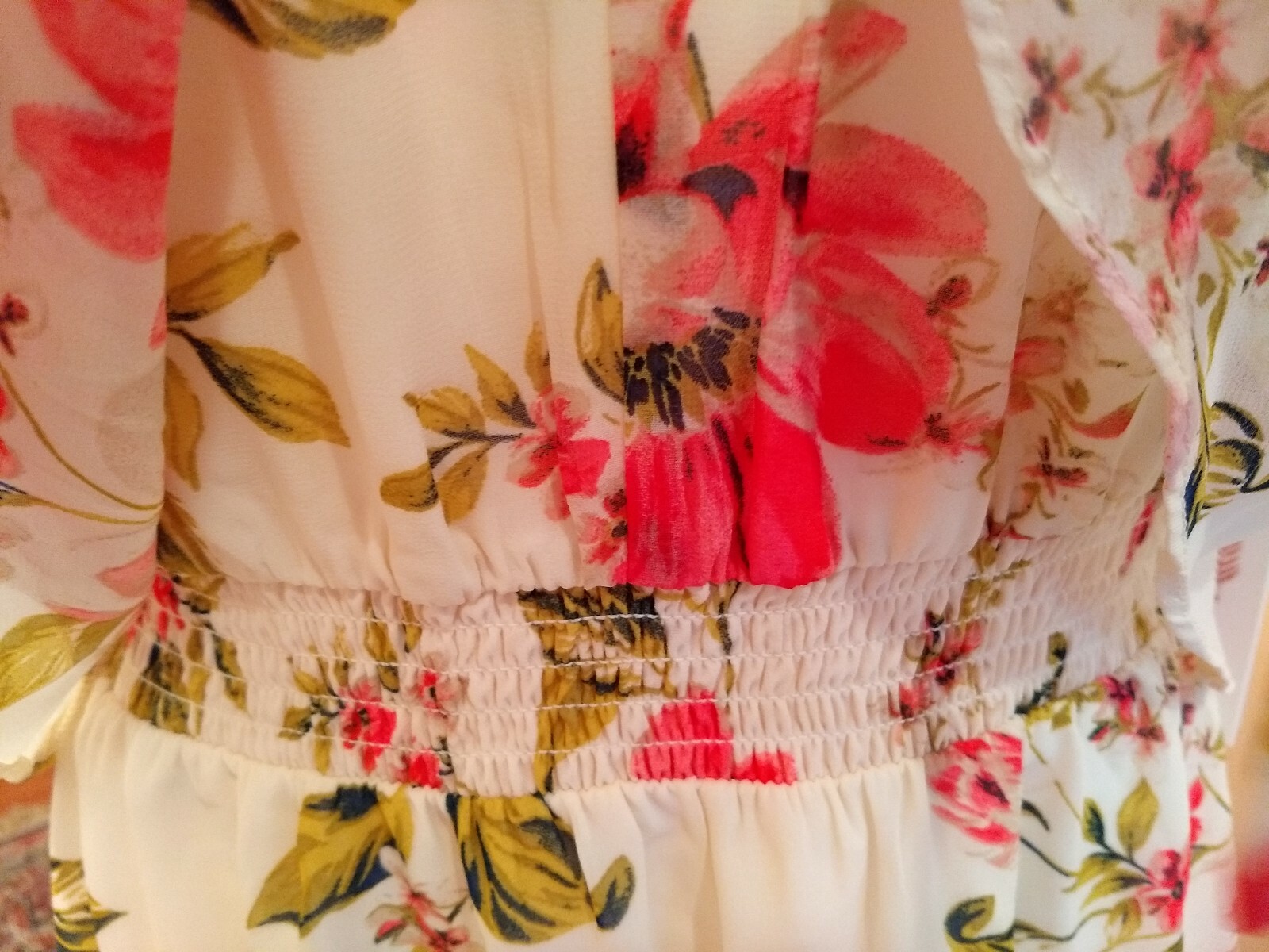 June And Hudson Chiffon Ruffle Maxi Dress Floral Ivory Red Size L Nwt
