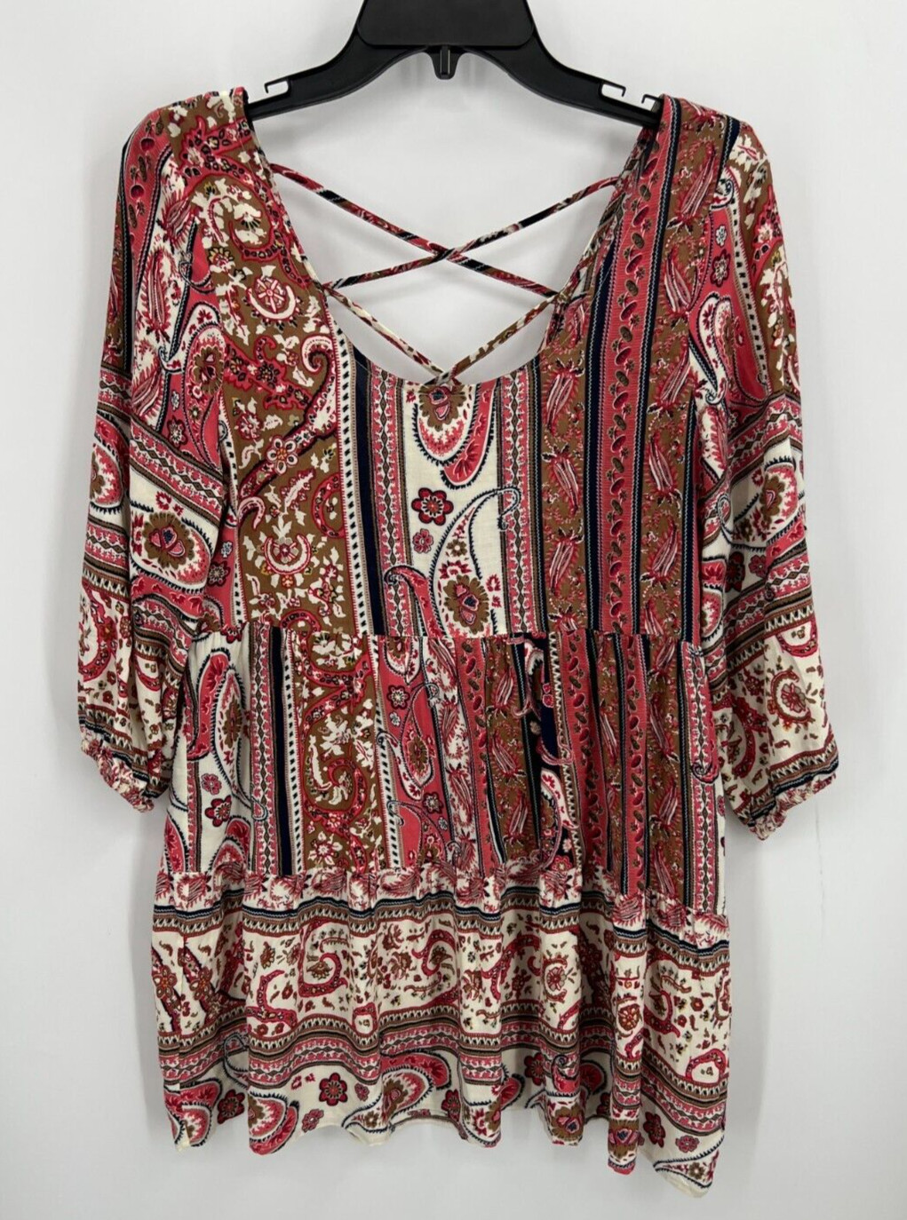 Umgee Dress Womens Small Pink Ivory Boho Print Strappy Back Mini Long Sleeve