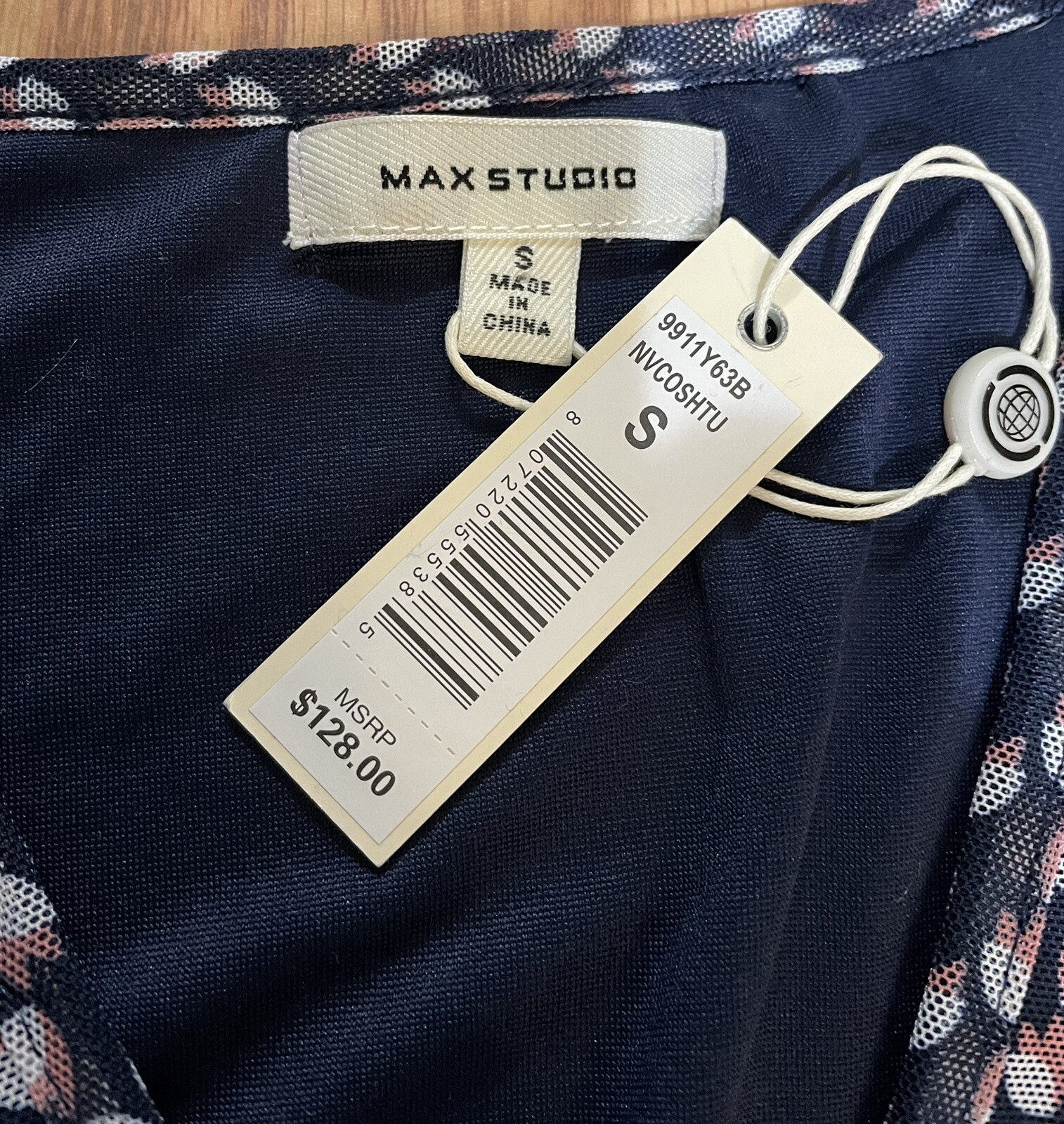 Max Studio Geometric Floral Print Navy,Pink & White Sheer Mesh Dress, size Small