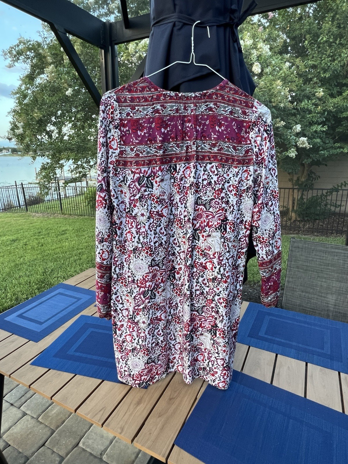 Lucky Brand Boho Floral Long Sleeve Tunic Dress Small Burgundy Tassel Tie