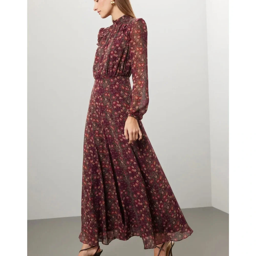 Saloni Floral Chiffon Maxi Dress Silk High Neck Side Slit Designer SIZE 8