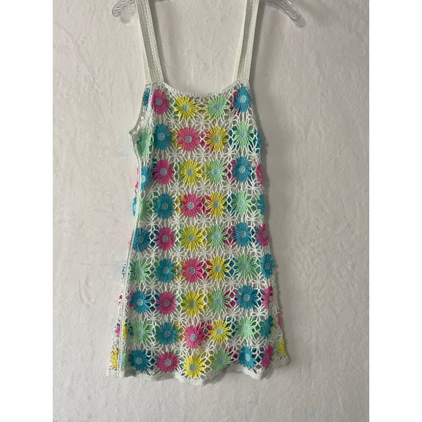 White Colorful Crochet Floral Daisy Mini Dress Sz Med Swim Coverup Boho Festival