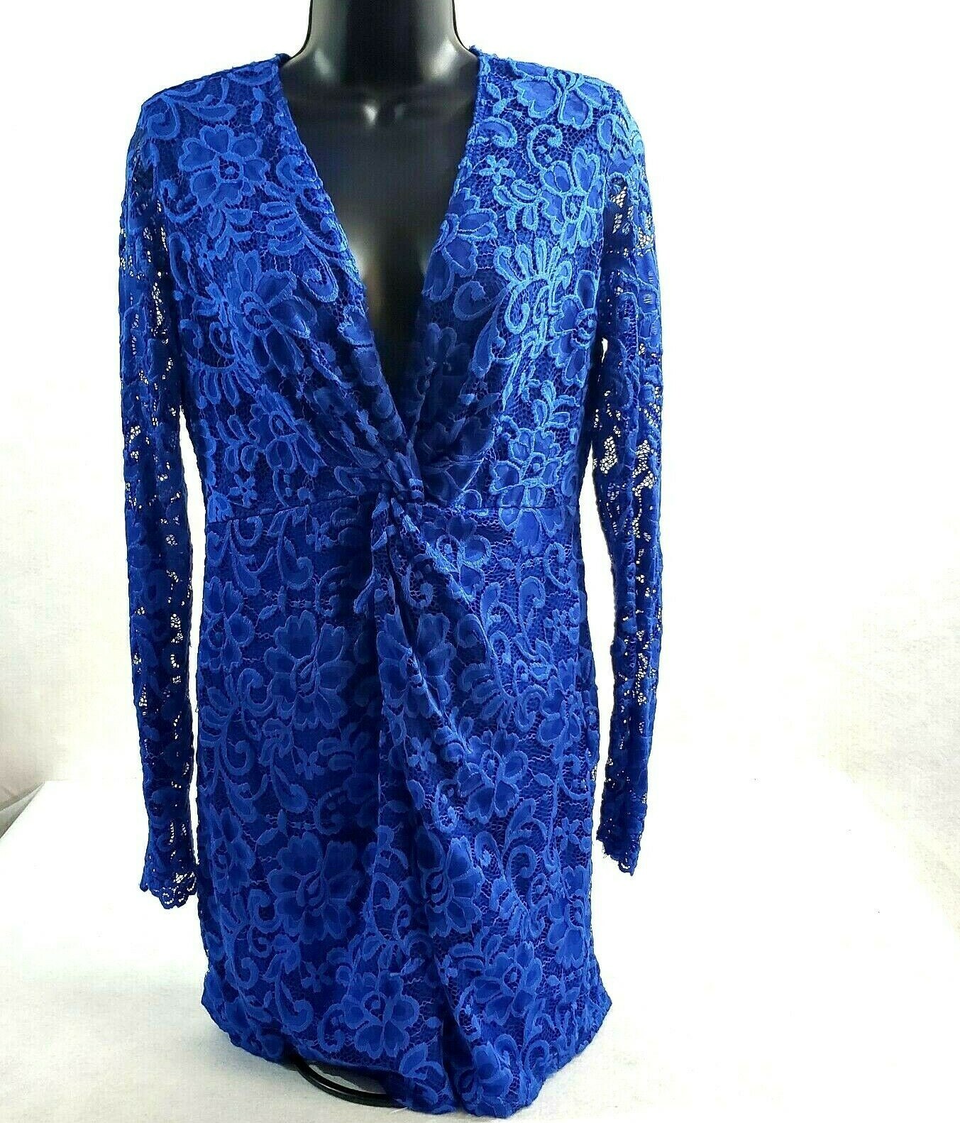 Flounce Club Womens Blue Lace Dress Size 6 Long Sleeve V-Neck Mini Cocktail
