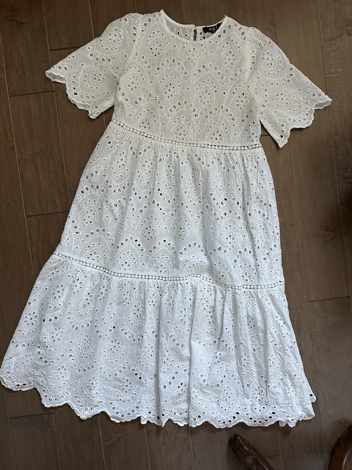 OPT Dress sz S White Eyelet Tiered Scalloped Cottagecore Anthropologie Midi/Maxi