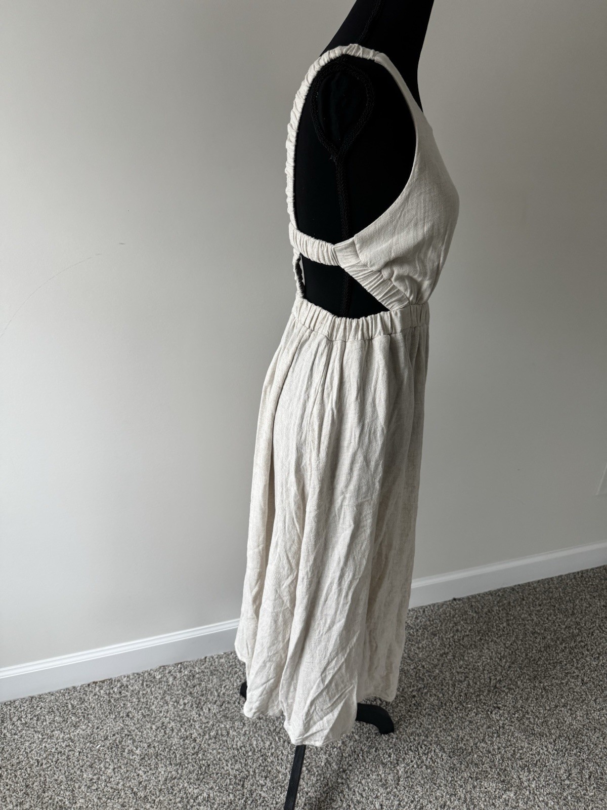 FORE Women’s Linen Blend Cutout Midi Dress Size Small Oatmeal Open Back Resort
