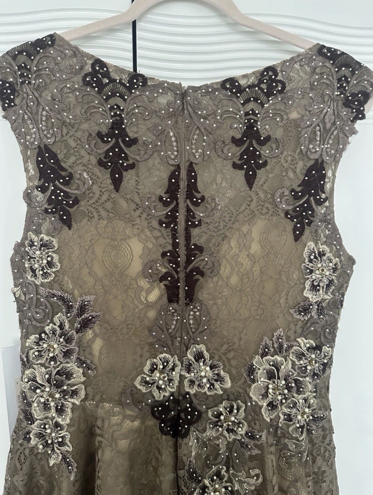 Jovani – Embellished Lace A – Line Evening Gown Taupe Size 14