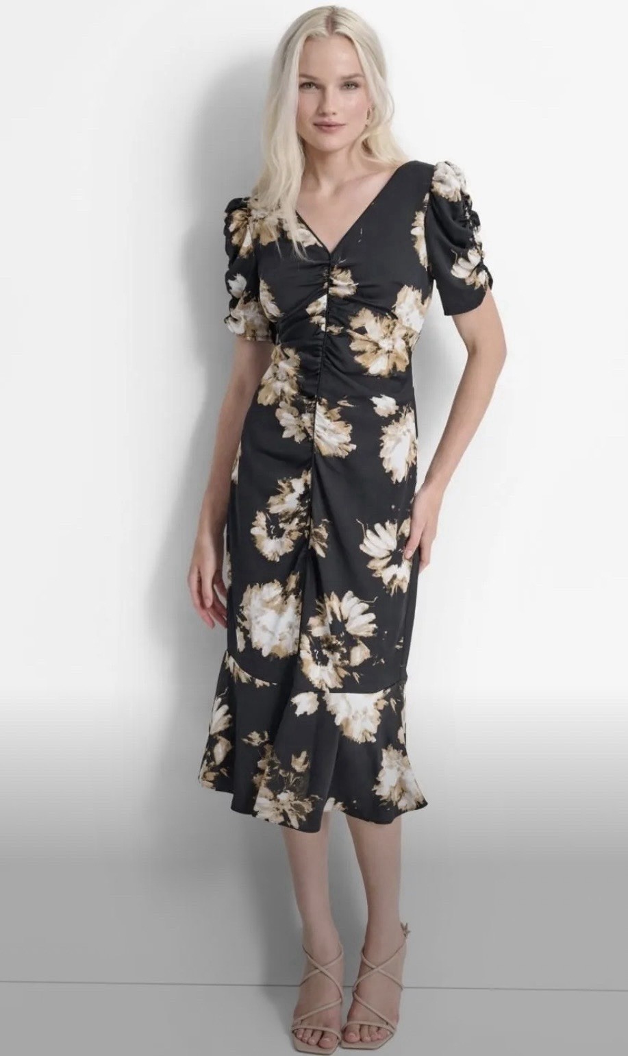 DKNY Women’s Floral-Print Ruched Flounce-Hem Midi Dress Size 14