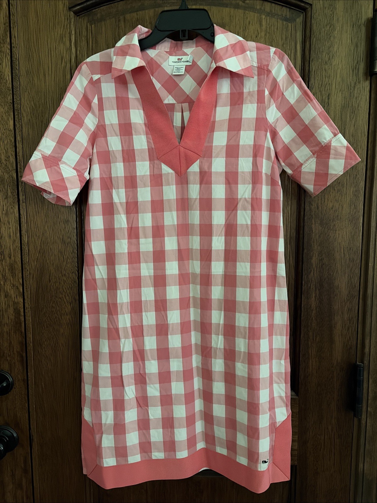Vineyard Vines womens pink white checkered collared v neck dress size 8