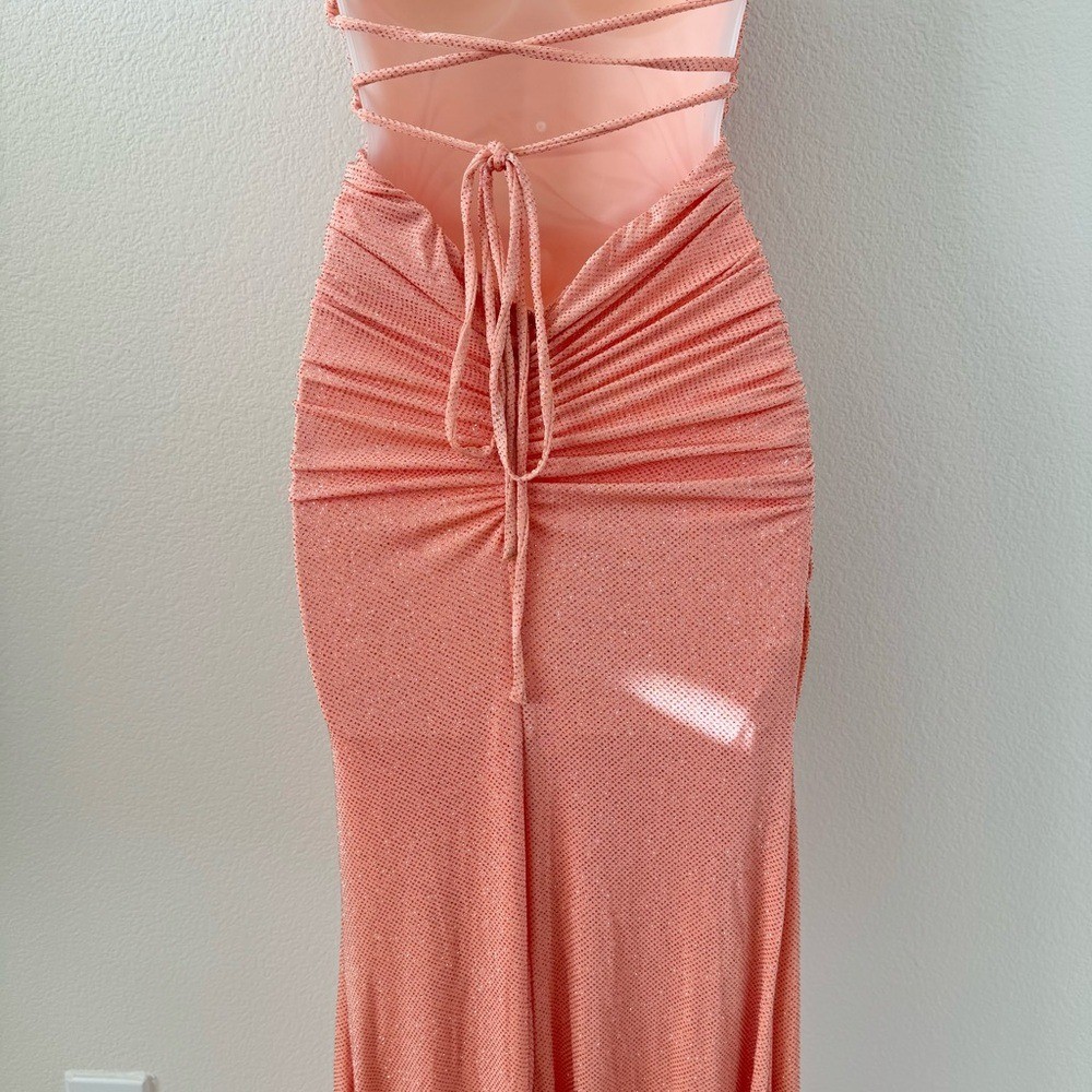 NWT Windsor Coral Orange Rylie Glitter Lace-Up Column Long Maxi Formal Dress
