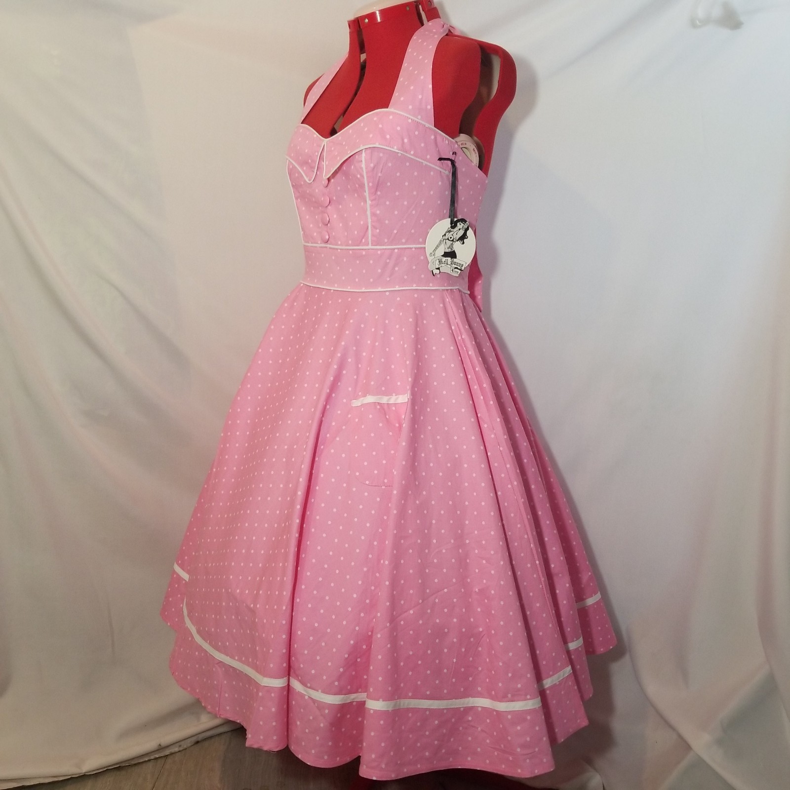SMALL FLAWS Hell Bunny L Pink & White Polka Dots Halter Dress Rockabilly #2