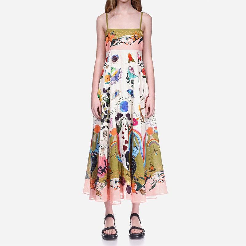 Spring Women’s New Style Elegant High Waist Printed Strap Casual Fashion Dress