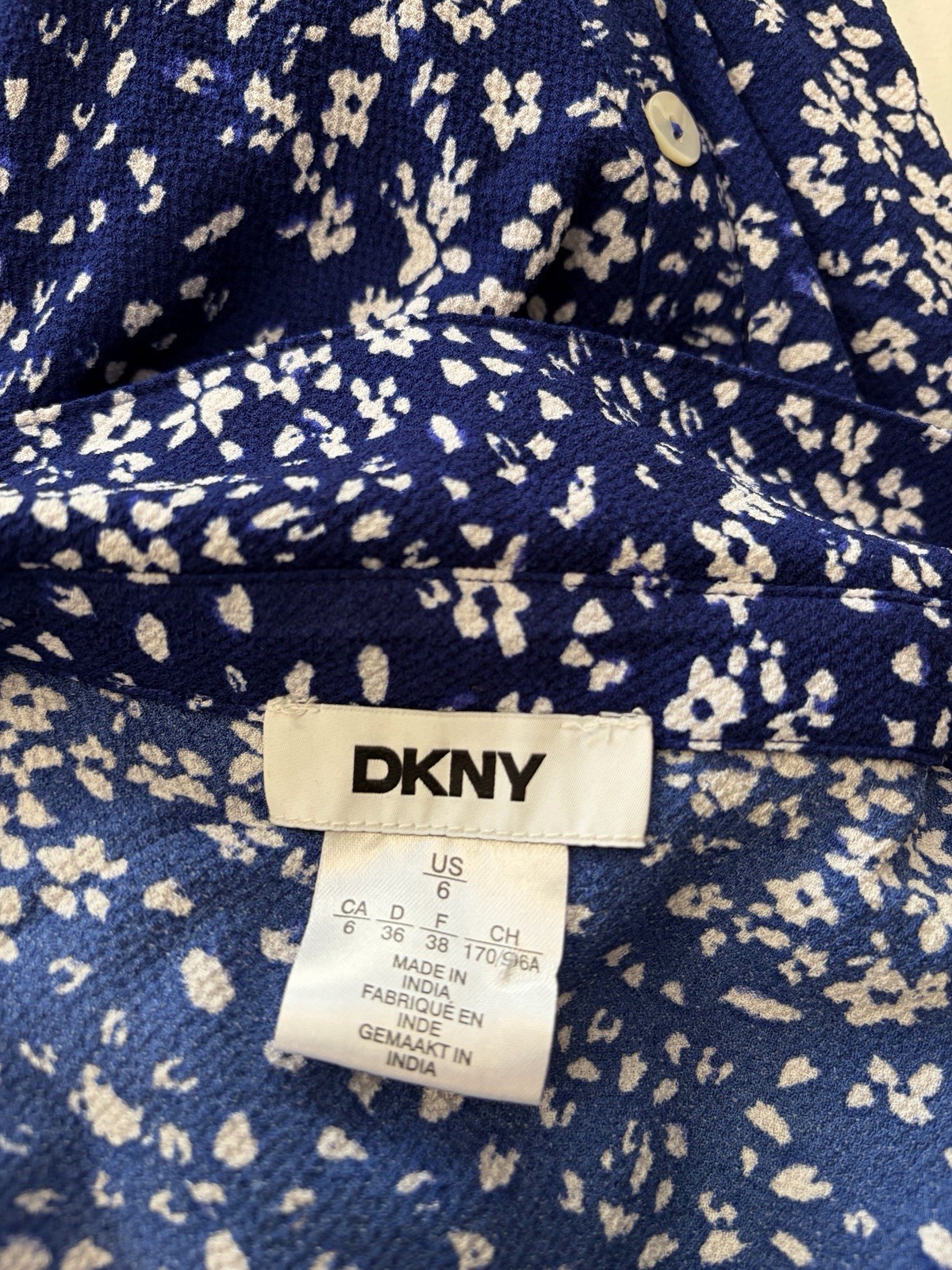 NWT DKNY Dress 3/4 Sleeve Button Down Blue White Rouched Waist Size 6
