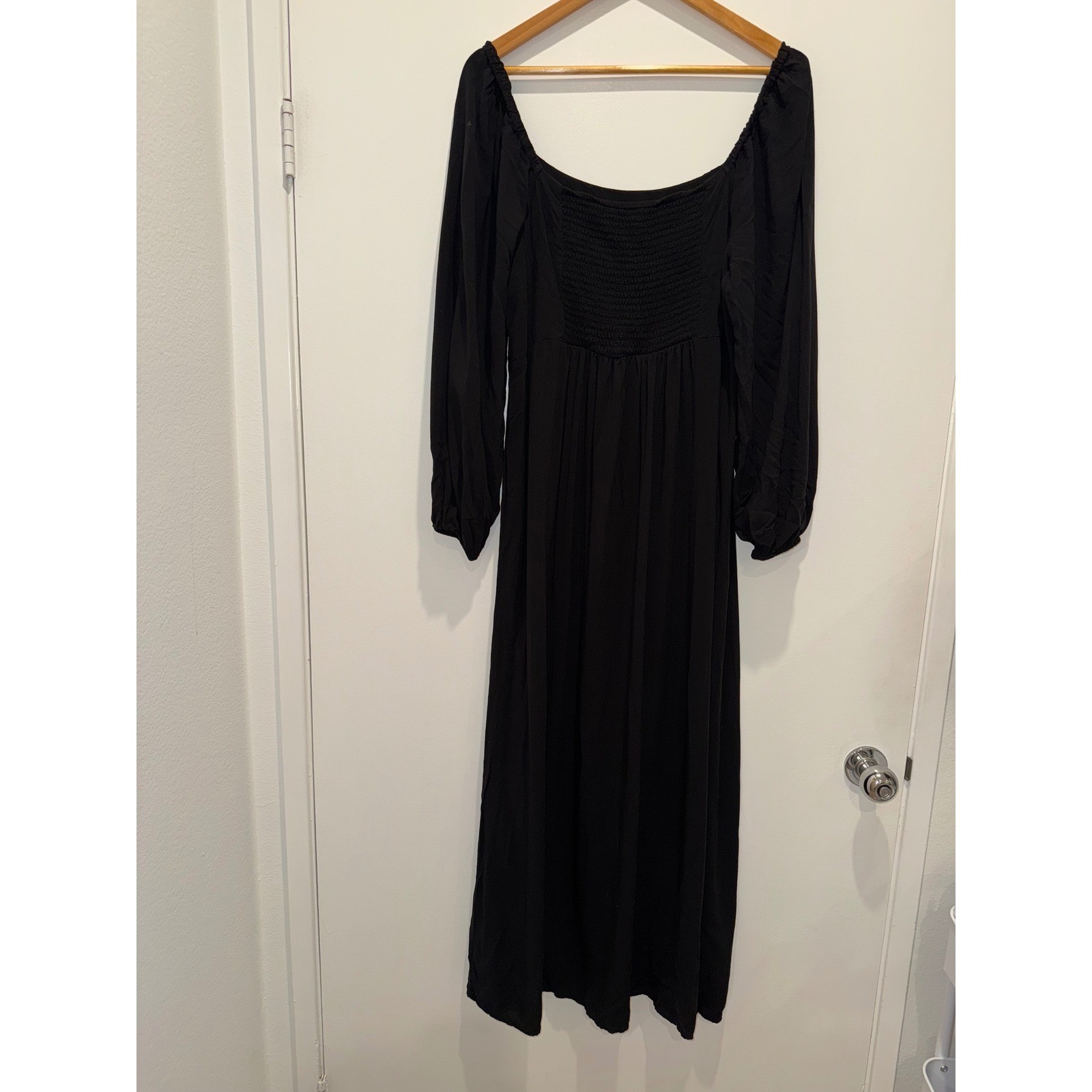 Old Navy Womens XL Black Smocked Long Sleeve Square Neck Midi Dress Side Slit