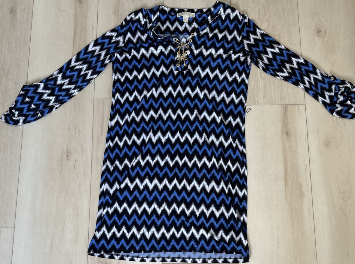 Michael Kors Chevron Lace Up Shift Dress Blue Black White Chain Accent V-Neck S