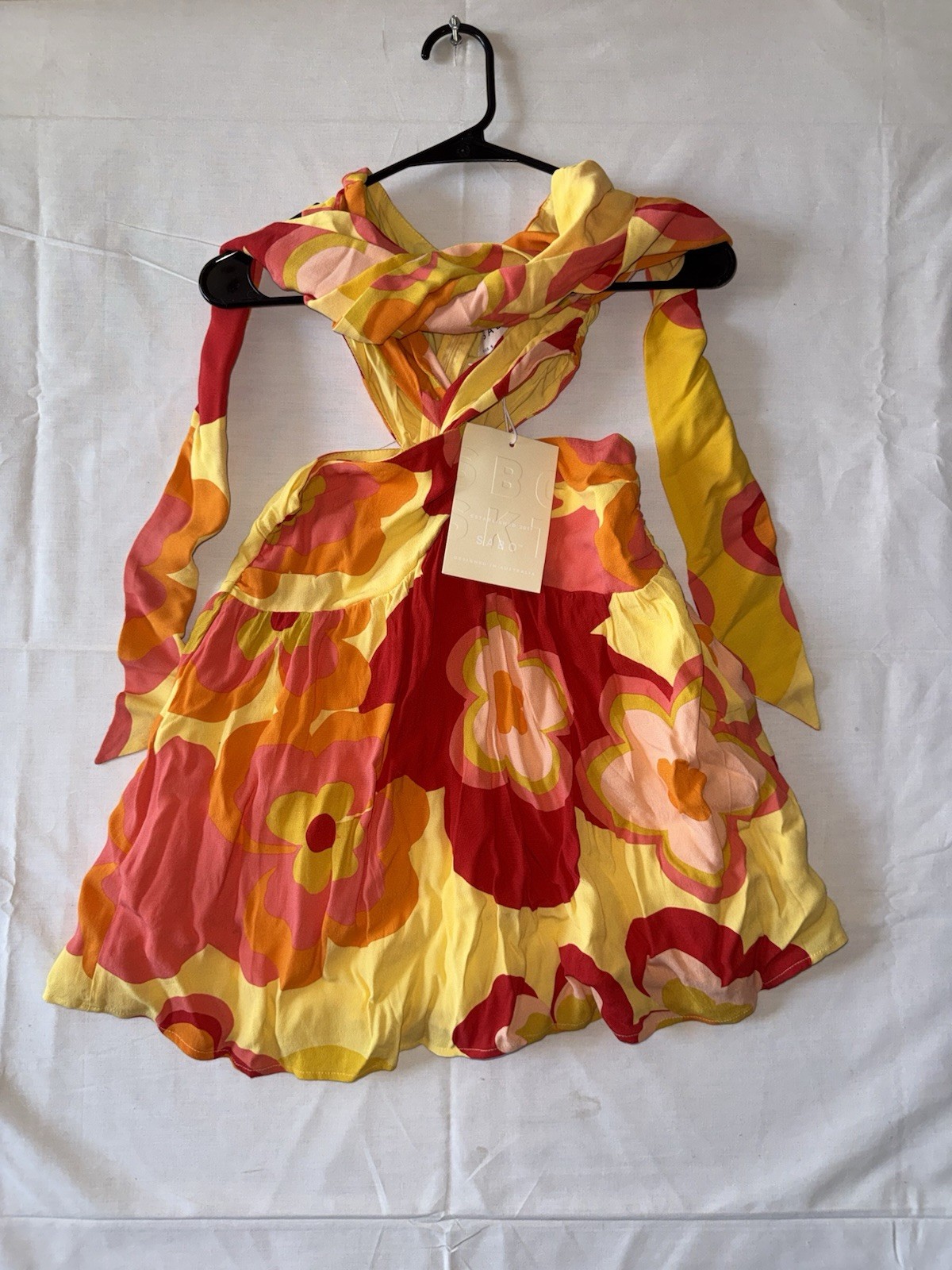 Sabo Skirt Amina Floral Halter Mini Dress Womens XS Yellow Cutout Boho Resort