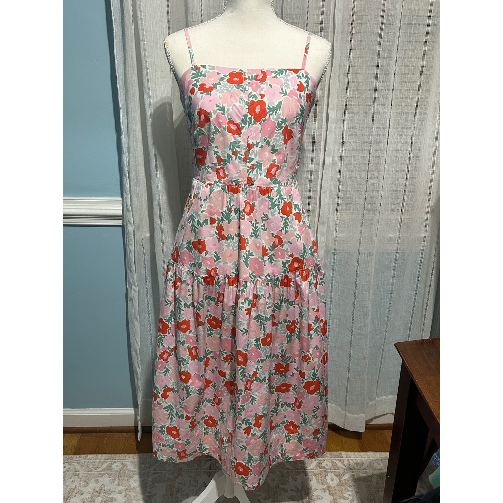 Free Assembly Floral Tie Back Midi Dress Pink Orange Tiered Sundress Womens M