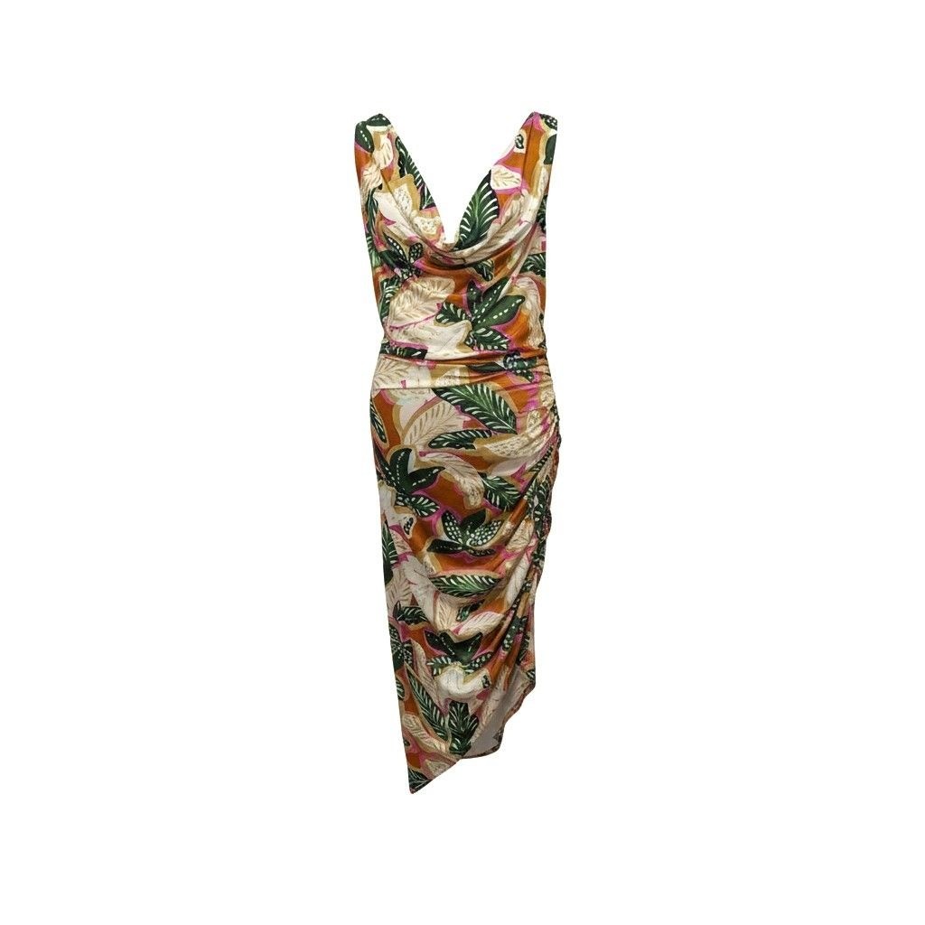 Significant Other Freda Palm Print Midi Dress Cowl Neck Ruched Bodice Sz 10
