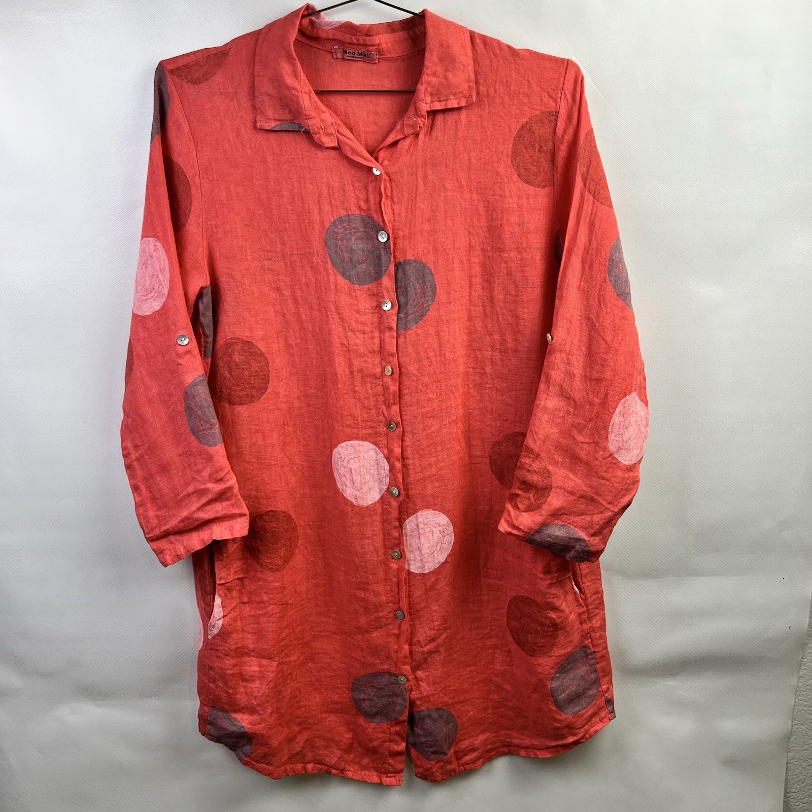 Meo Meli Women Polka Dot 100% Linen Pockets Tunic Shirt Dress One Size