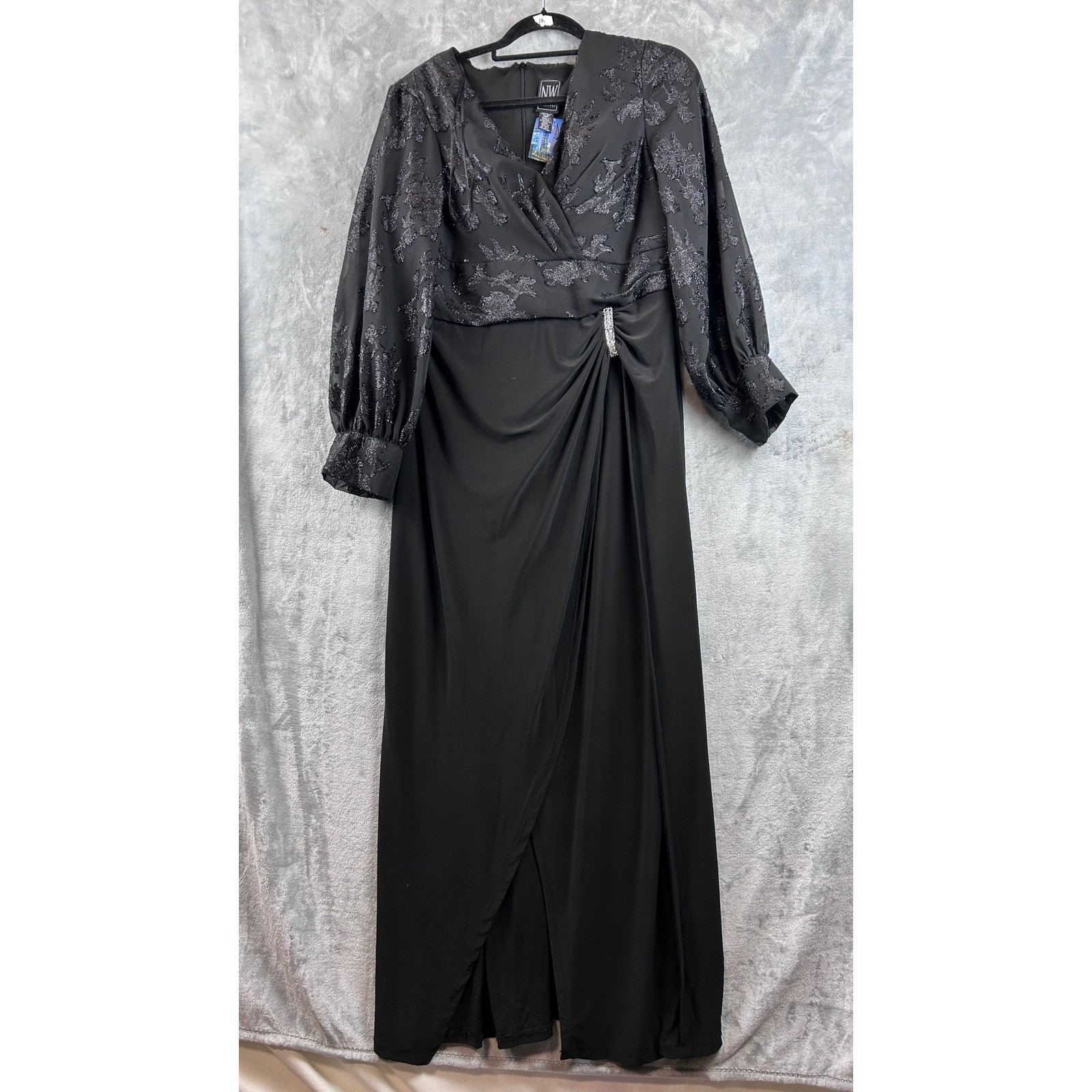 Nightway Dress Black Metallic Floral Bishop Sleeve Gown Rhinestone Buckle 14P