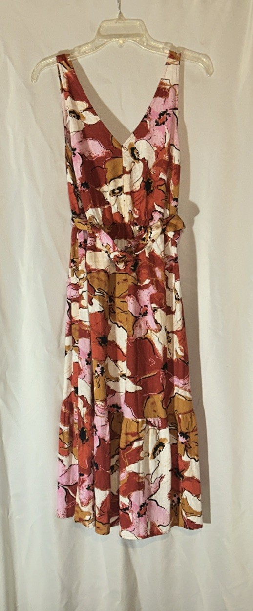 Nine West Women’s LINEN BLEND Floral Midi Dress V-Neck Sleeveless Multicolor S
