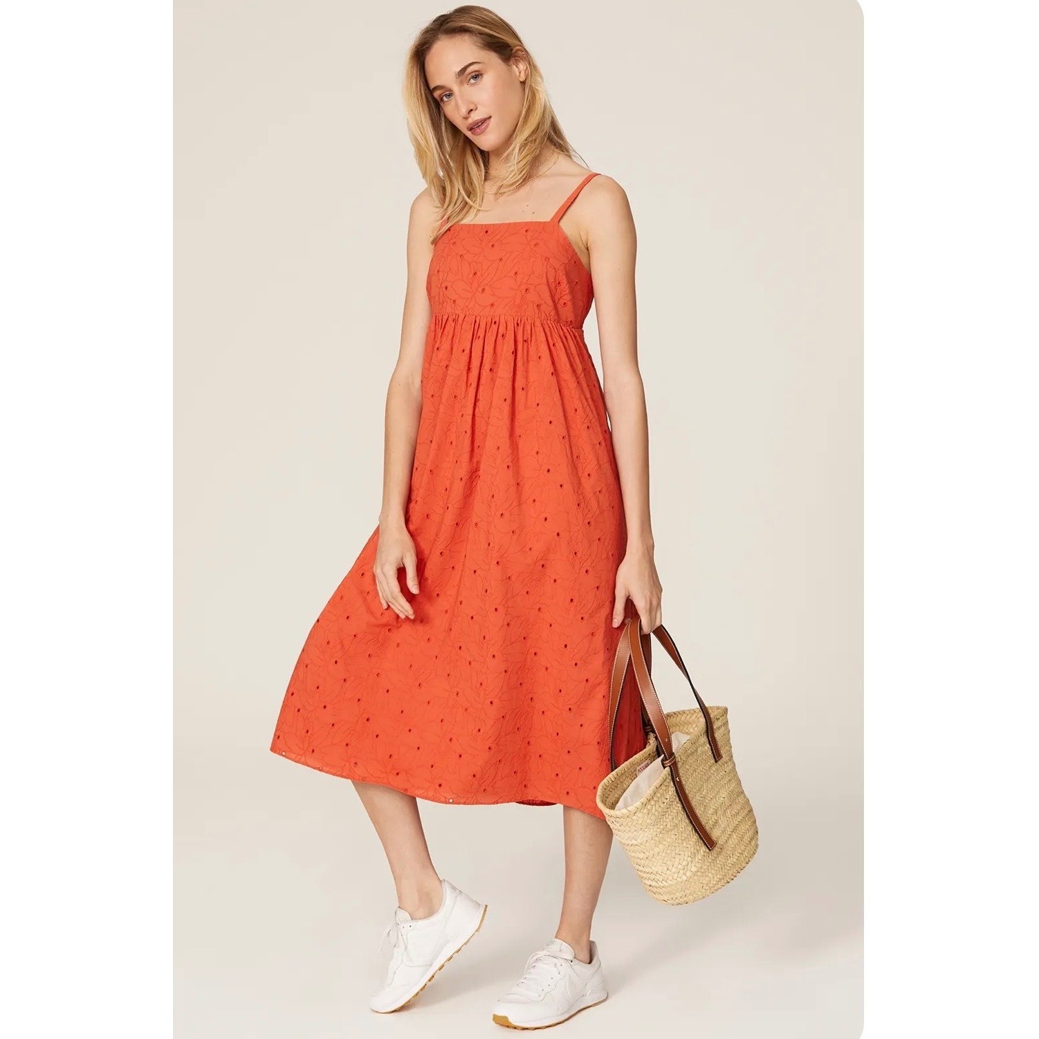 Madewell Eyelet Cotton Midi Sundress XS Summer Orange Smocked Pockets Cami