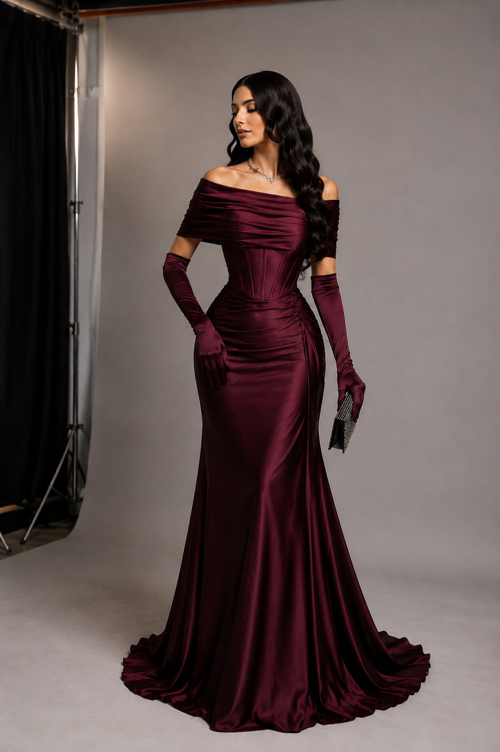 Women’s Burgundy Satin Off Shoulder Mermaid Evening Gown Corset Formal Maxi Dres