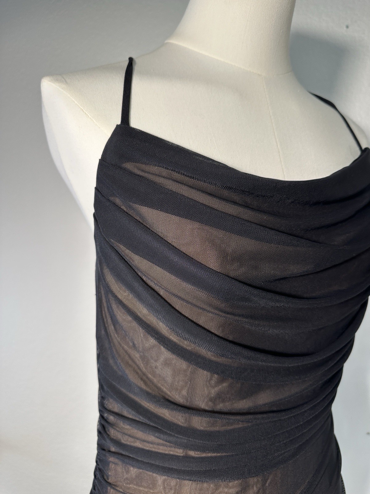 Day & Night Black Ruched Mesh Midi Dress Sheer Bodycon Spaghetti Strap L