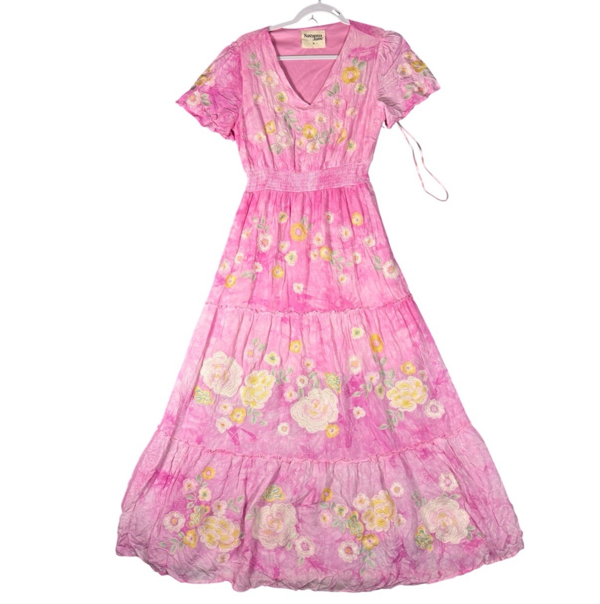Savanna Jane Pink Floral Embroidered Boho Maxi Dress Womens Medium Cottagecore