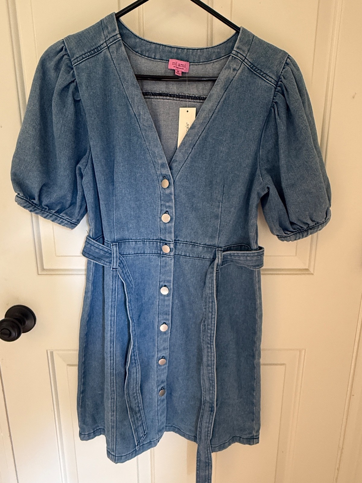 Mi Ami by Francescas puff sleeve mini denim dress Size M western cowgirl chic