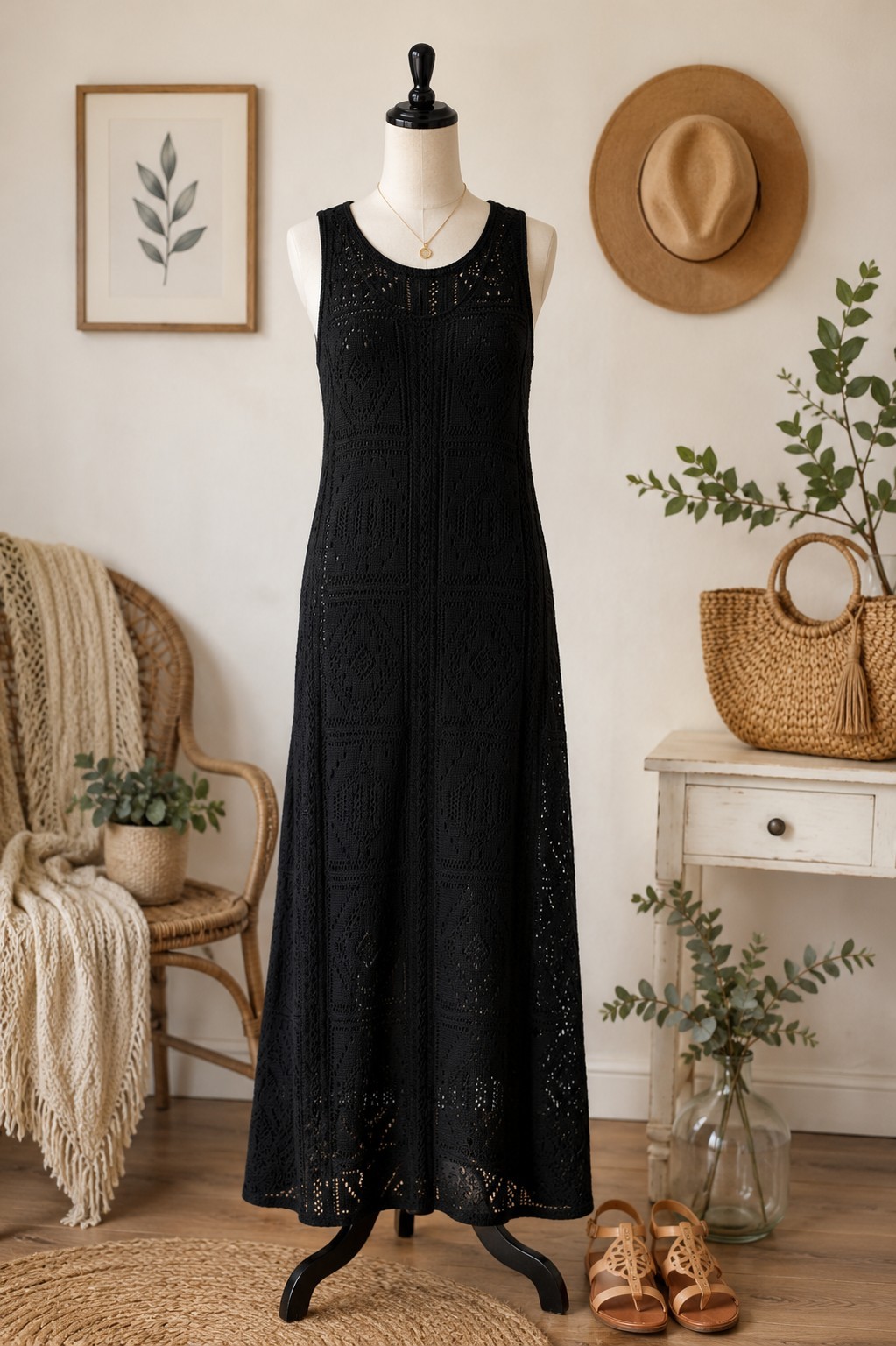 NWT Ophelia Roe 1X Black Crochet Knit Sleeveless Maxi Dress Boho Lined Plus Size