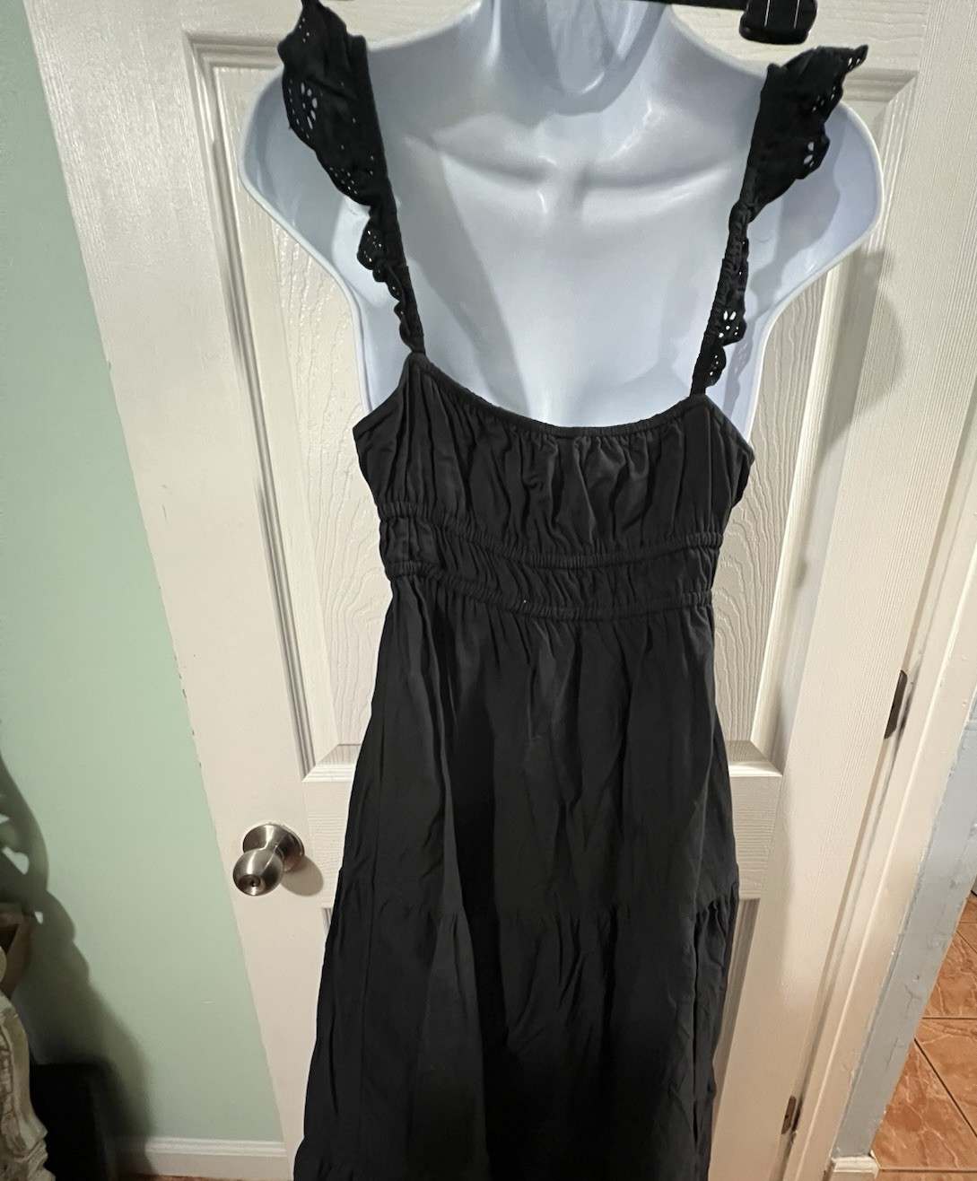 Nordstrom BP 100% Cotton Black Maxi Sundress w Eyelet Hem and Ruffled Straps. S
