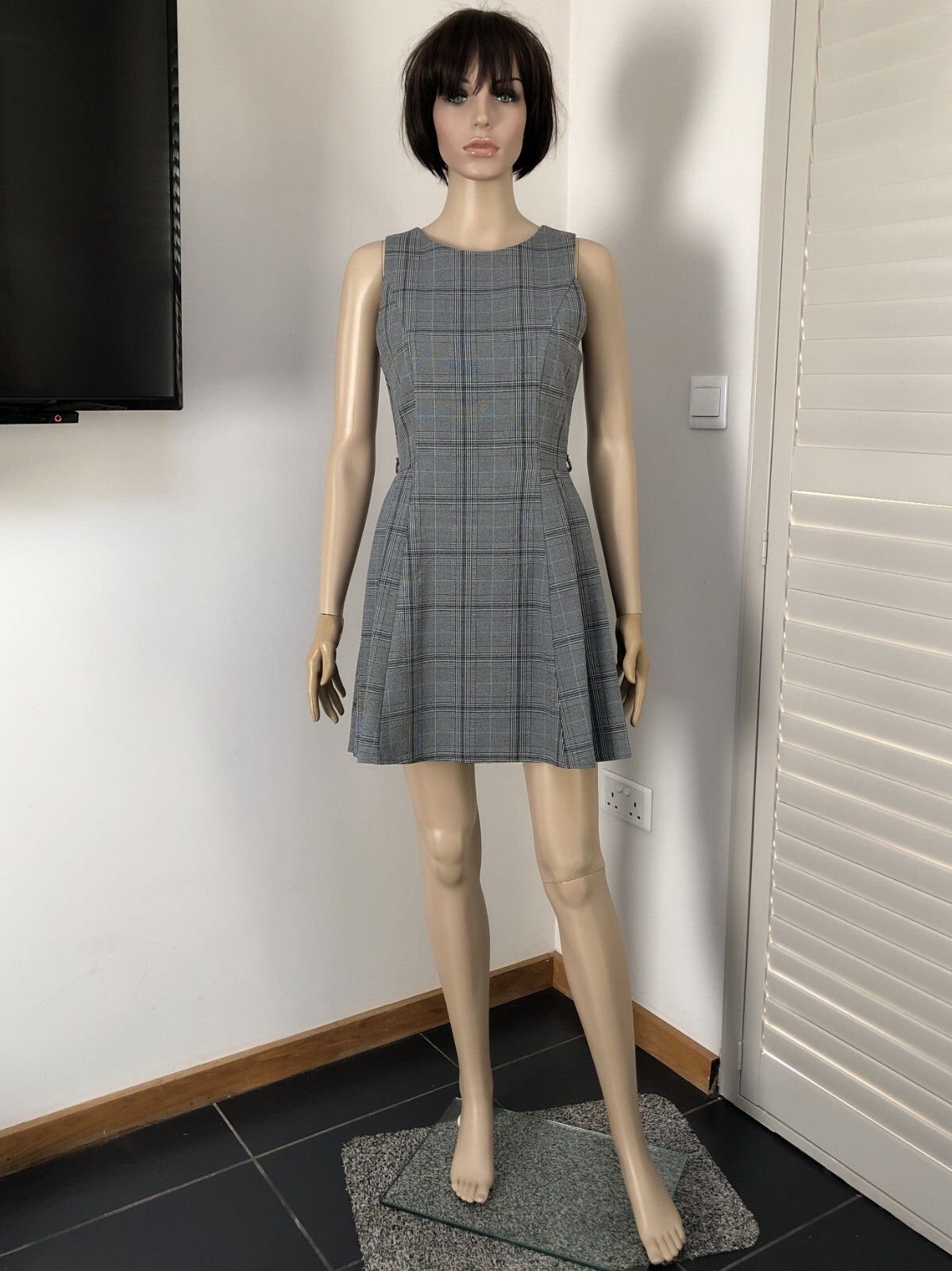 LOVE LABEL Light Grey Tartan Sleeveless Belted Skater City Dress S/M 6-8