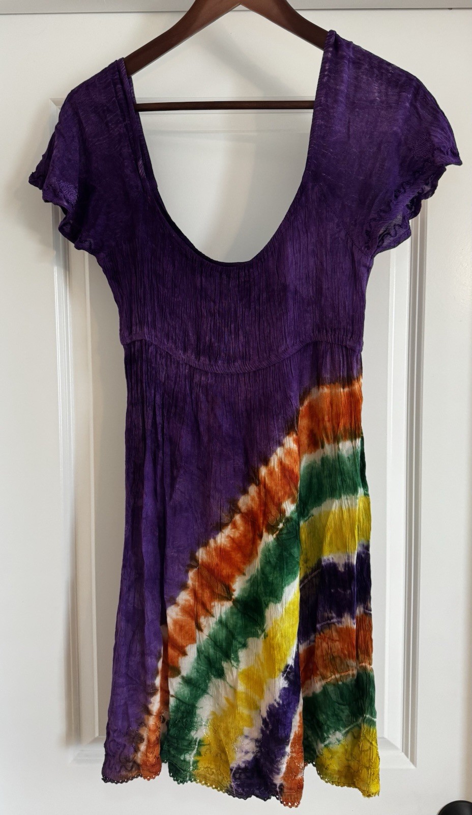 India Boutique Medium Tie Dye Summer DRESS Rayon Floral Embroidered