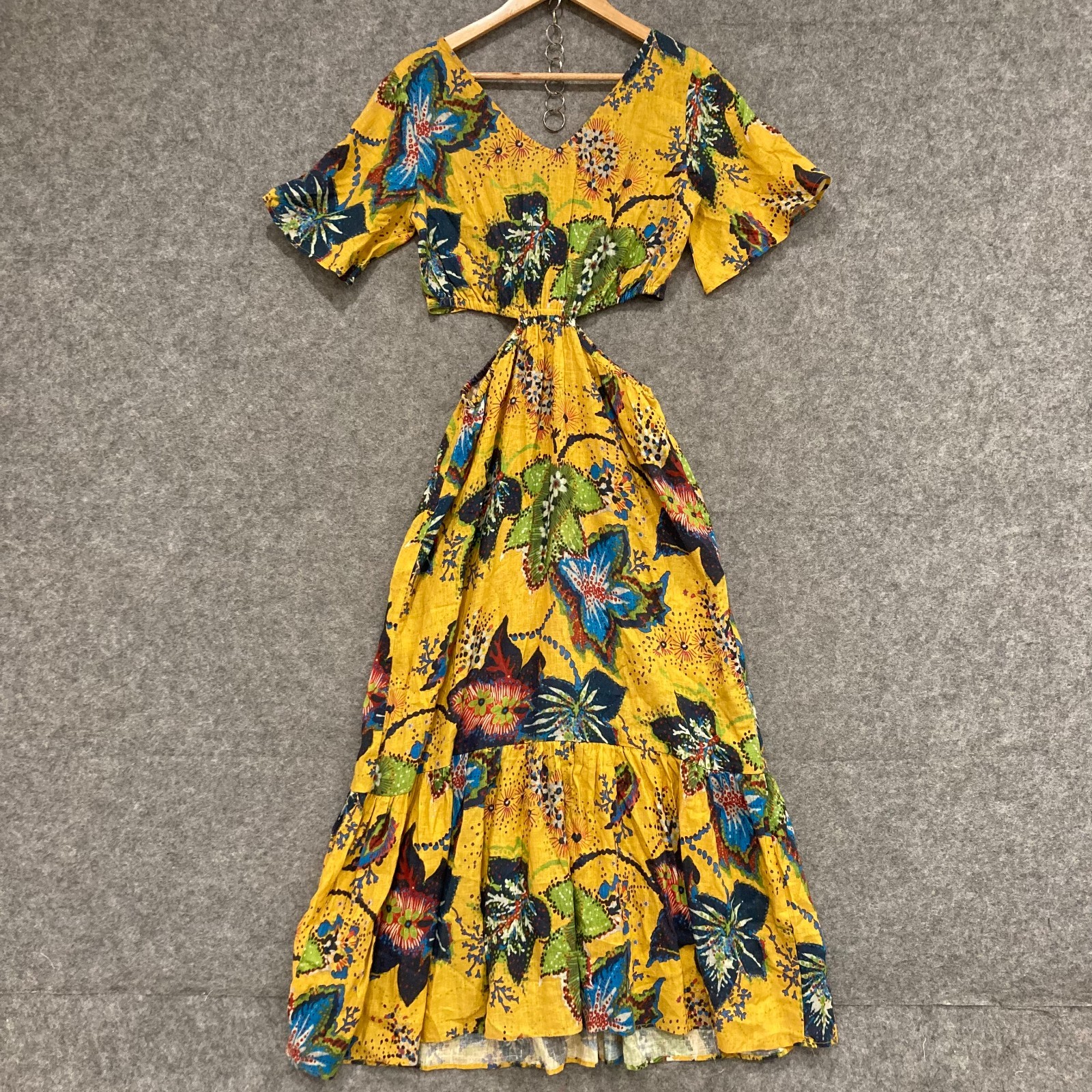 Zara Dress Womens Small Yellow Floral Linen Blend Cut-Out Elastic Waist 15029