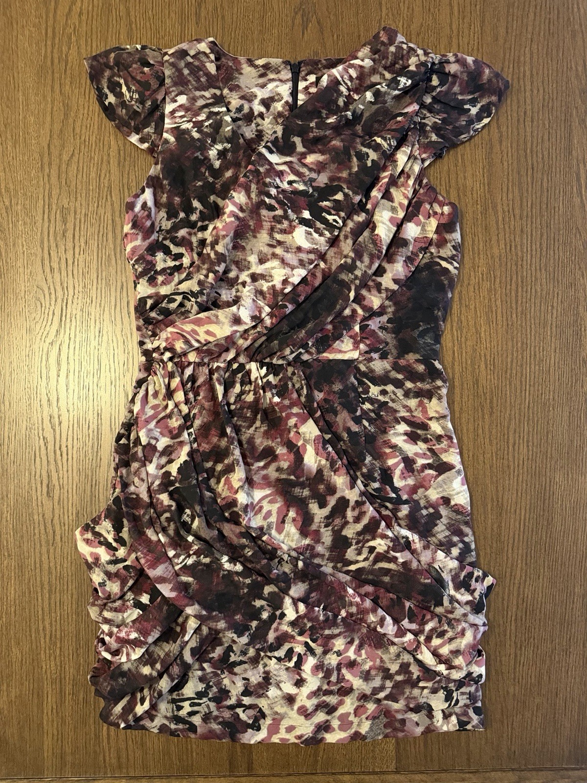 Guess Plum Multi Ruched Cap-Sleeve Mini Dress