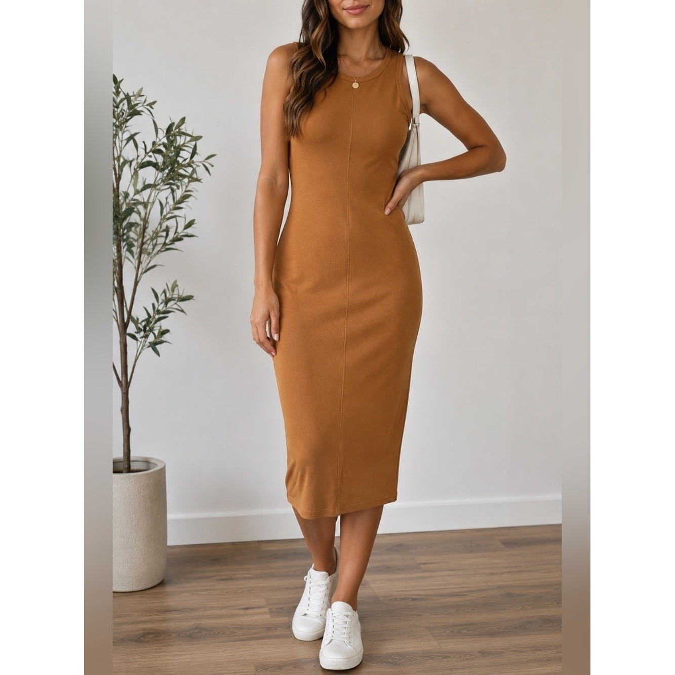 Elizabeth and James Sleeveless Midi Dress in Tan S