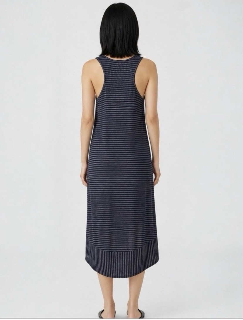 Eileen Fisher 100% Linen Racerback Midi Dress Size S Black/Gray Stripes Neutral