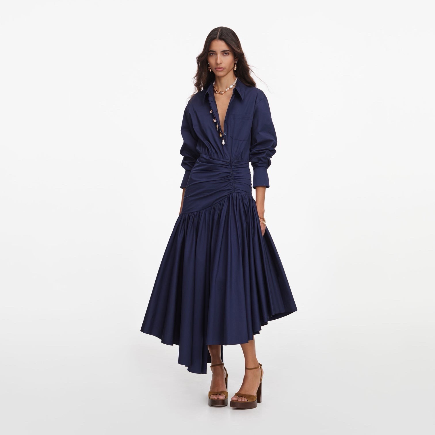 self portrait NAVY COTTON ASYMMETRIC MIDI DRESS $650 Size US 8 UK 12