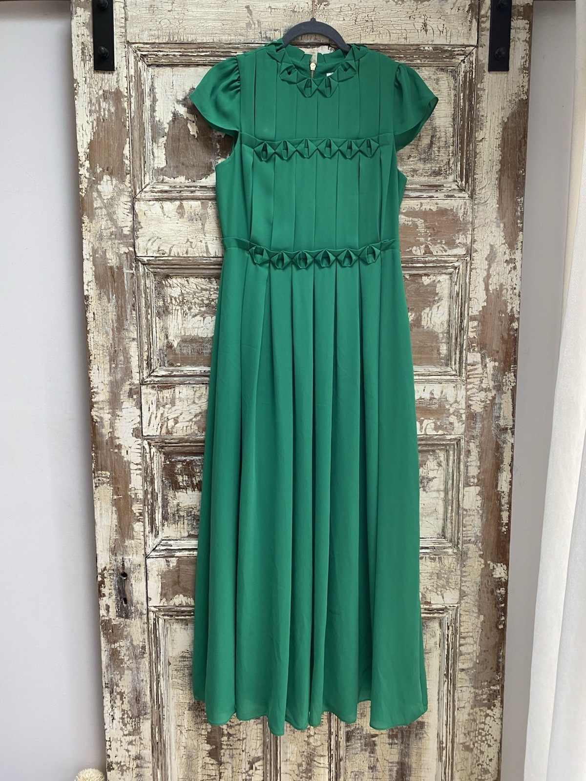 Ted Baker Emerald Green Pleated Maxi Dress W/Cap Sleeve, Size 2