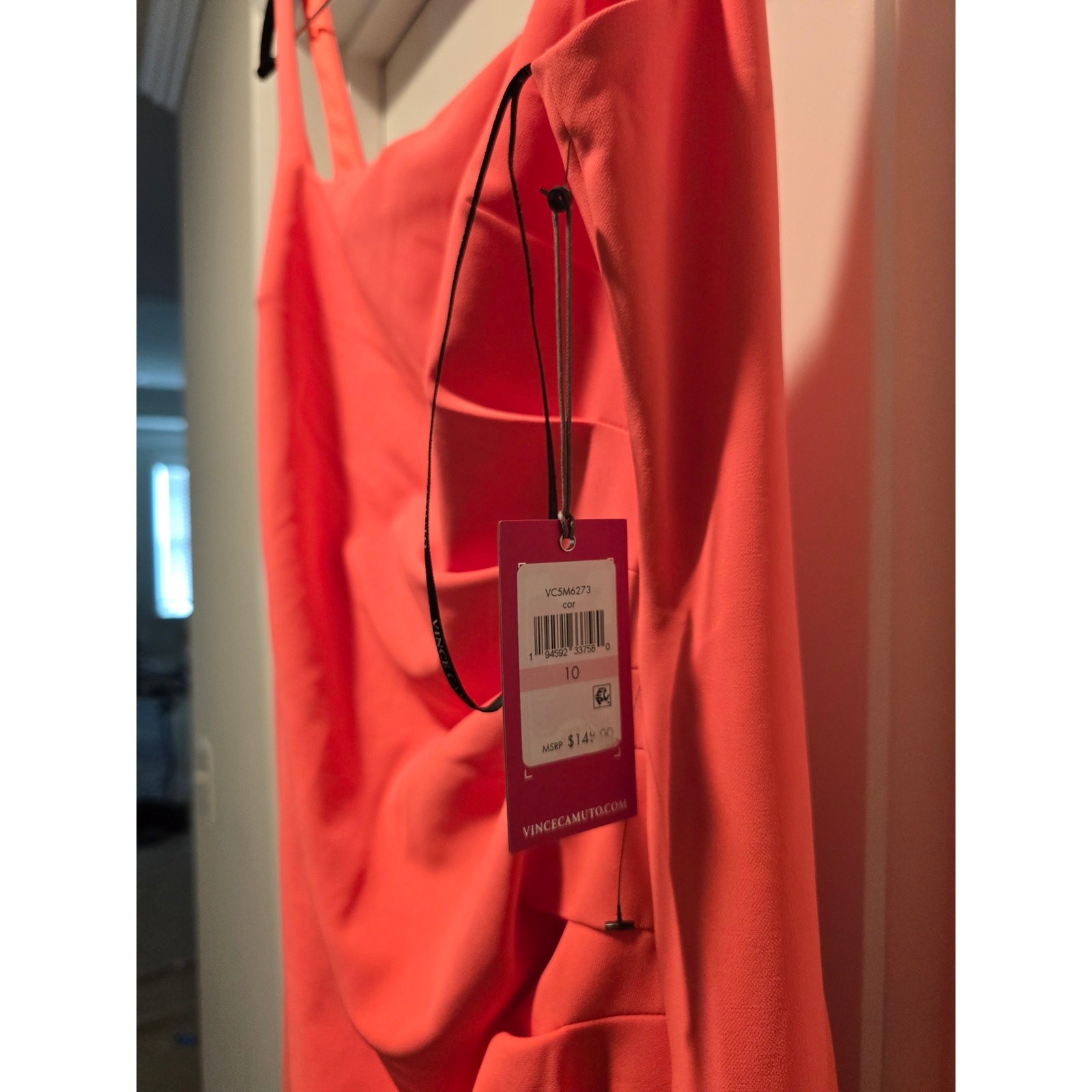 NWT Vince Camuto Coral Square Neck Side Ruched Bodycon Midi Dress Size 10