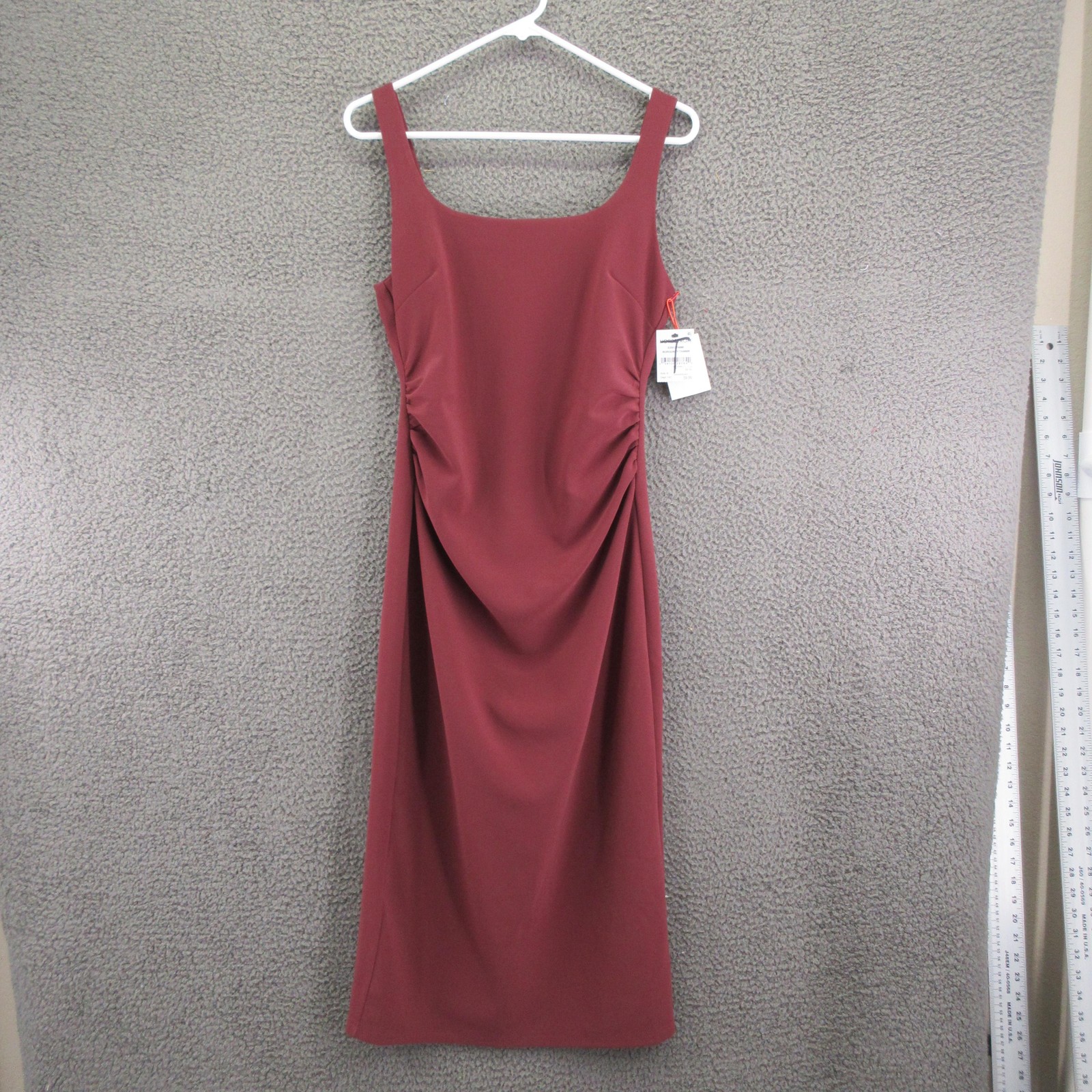 Open Edit Dress Womens Small Burgundy Midi Ruched Bodycon Sleeveless Square Neck