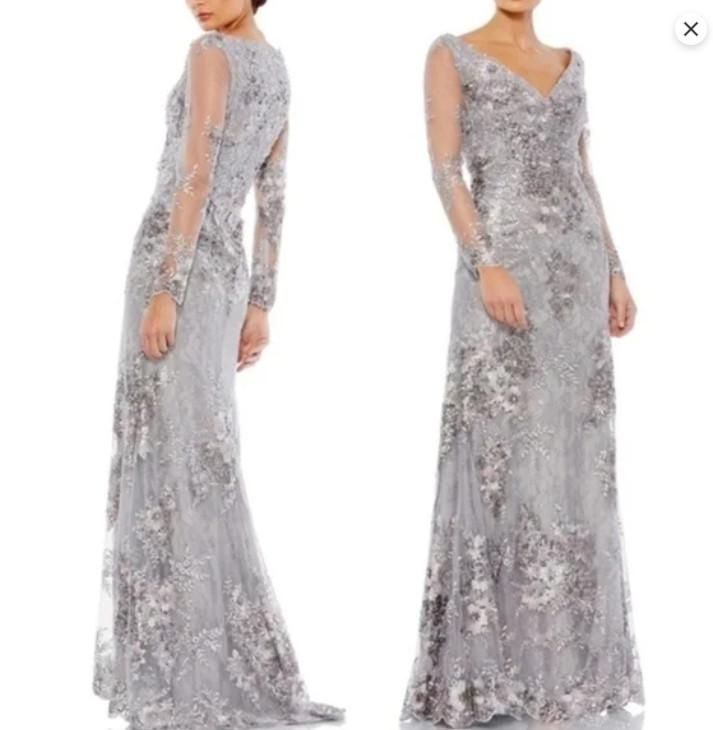 MAC DUGGAL 67539 EMBELLISHED V-NECK ILLUSIONS LONG SLEEVE PLATINUM GOWN sz 20W