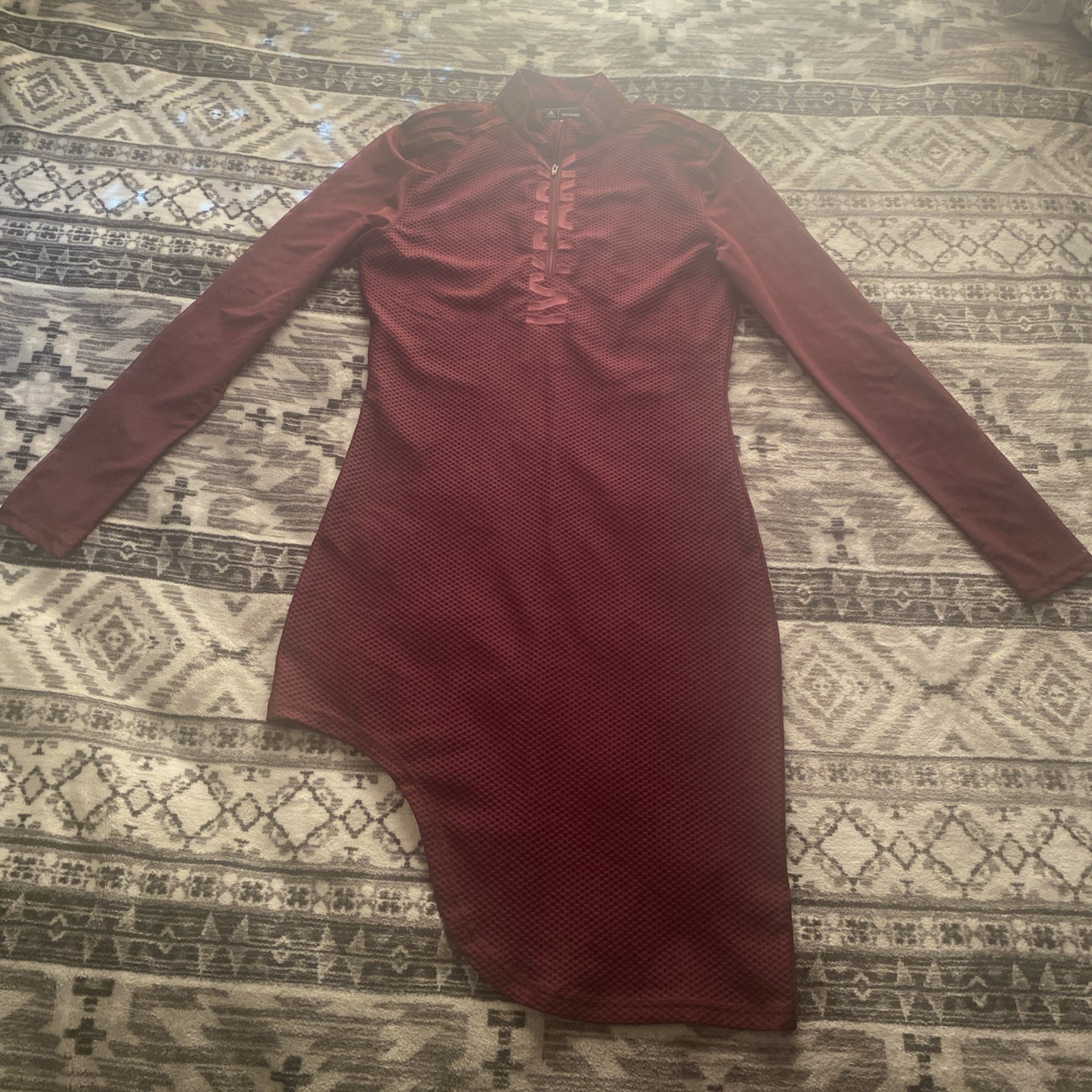 Ivy Park X Adidas Asymmetrical Mesh Sleeve Stretch-Piqué Dress Burgundy Sz M