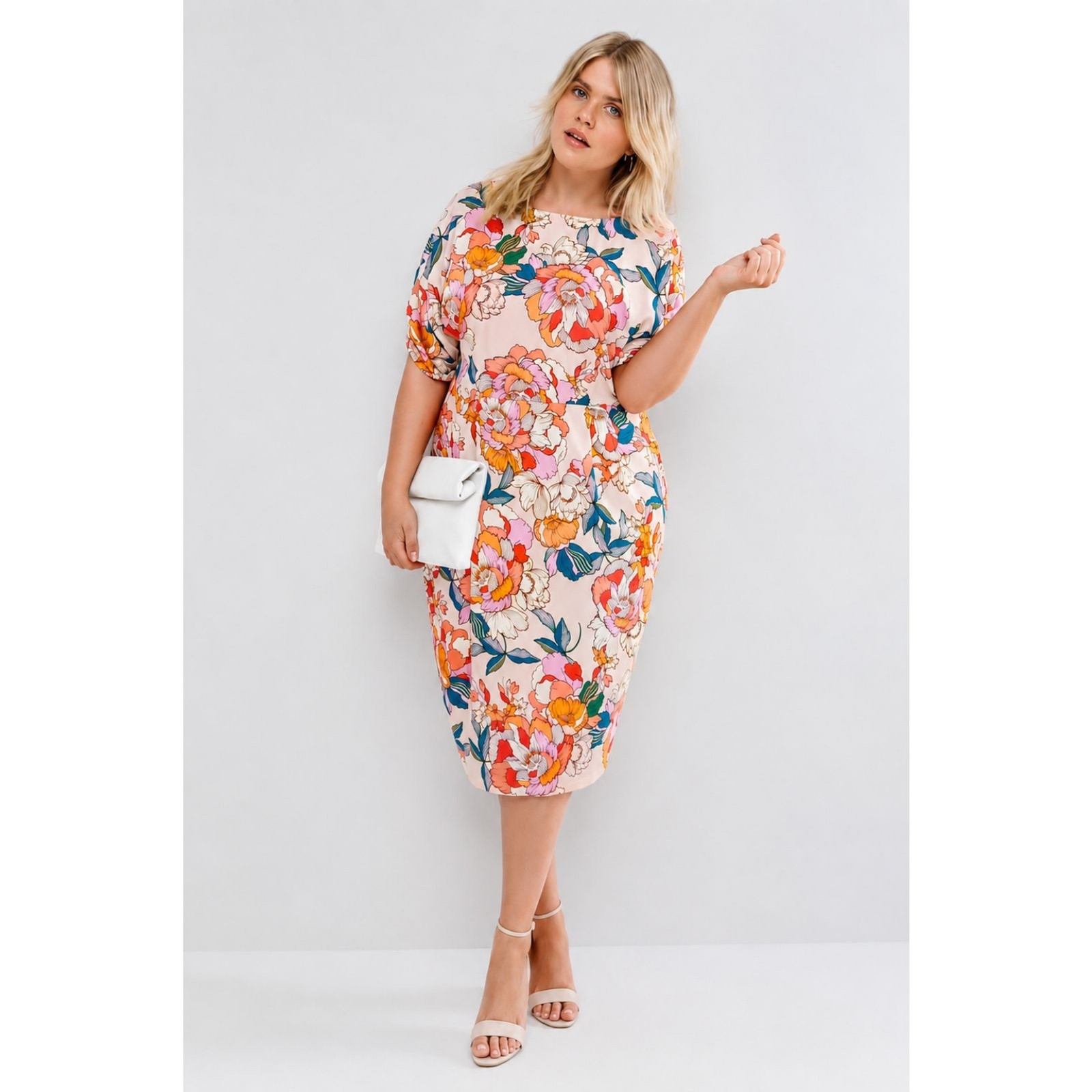ASOS Floral Wiggle Midi Dress US 8 Pink Pockets Viscose Sheath Career