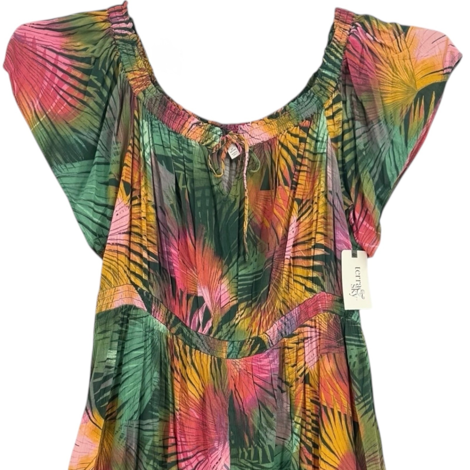Terra & Sky Summer Tropical Green Pink Maxi Dress 2X 20W-22W Off Shoulder NWT