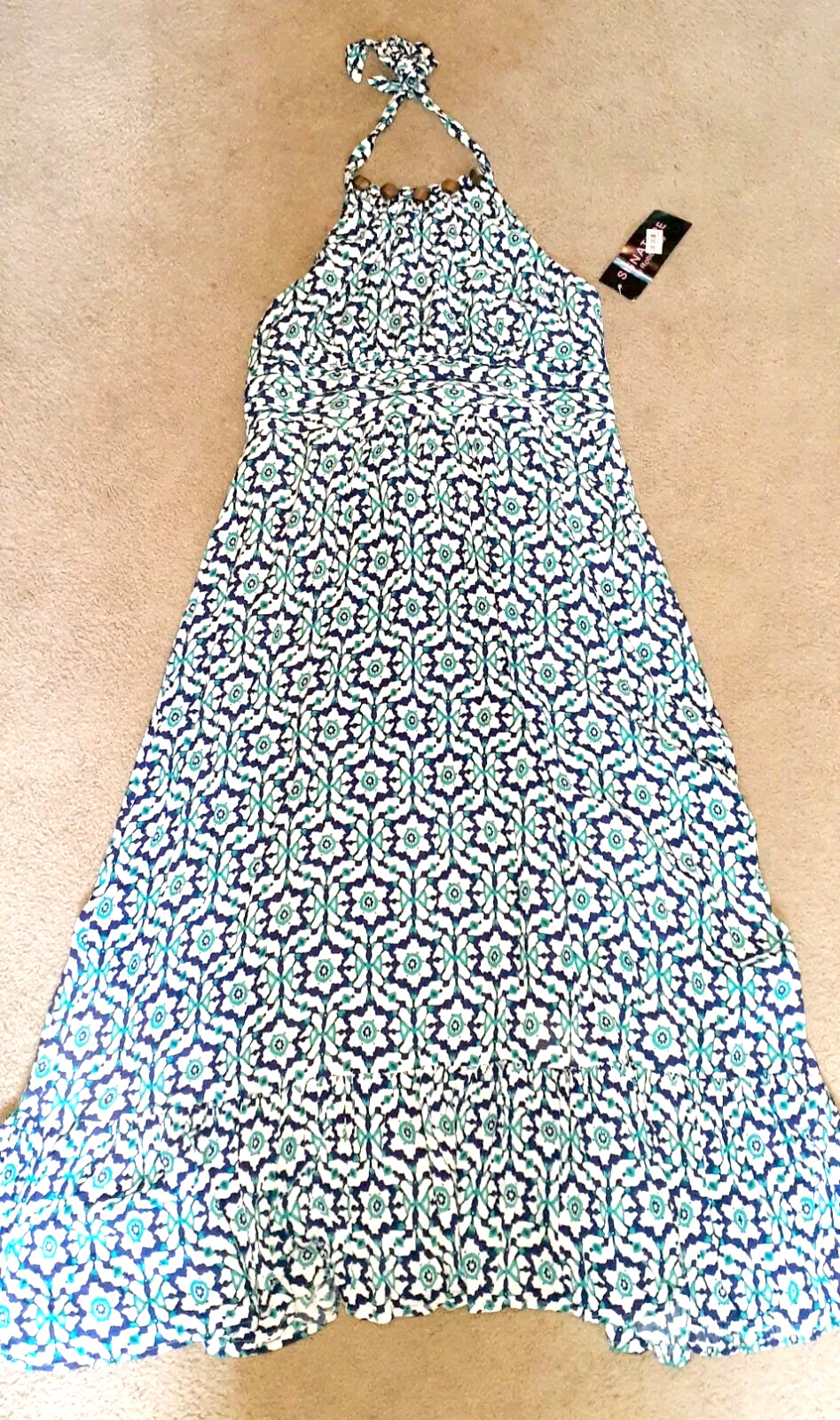 ROBBIE BEE 14 Blue Floral Halter Maxi Dress Ruffle Beaded Neck Elastic Back NEW