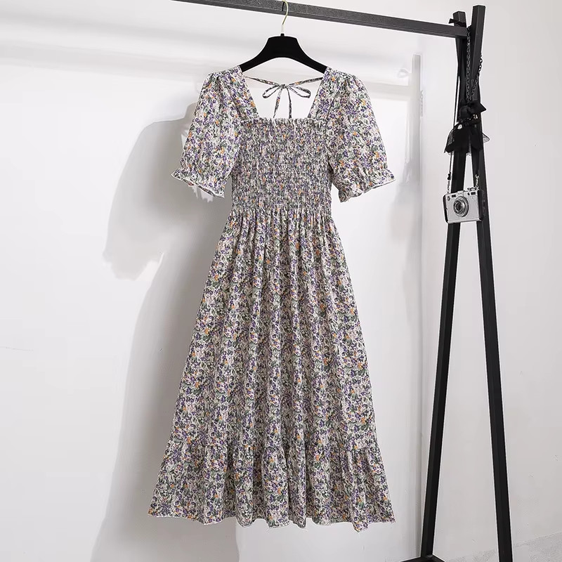 Chic Spring Summer Chiffon A-Line Dress with Elastic Waist and Short Sleeves