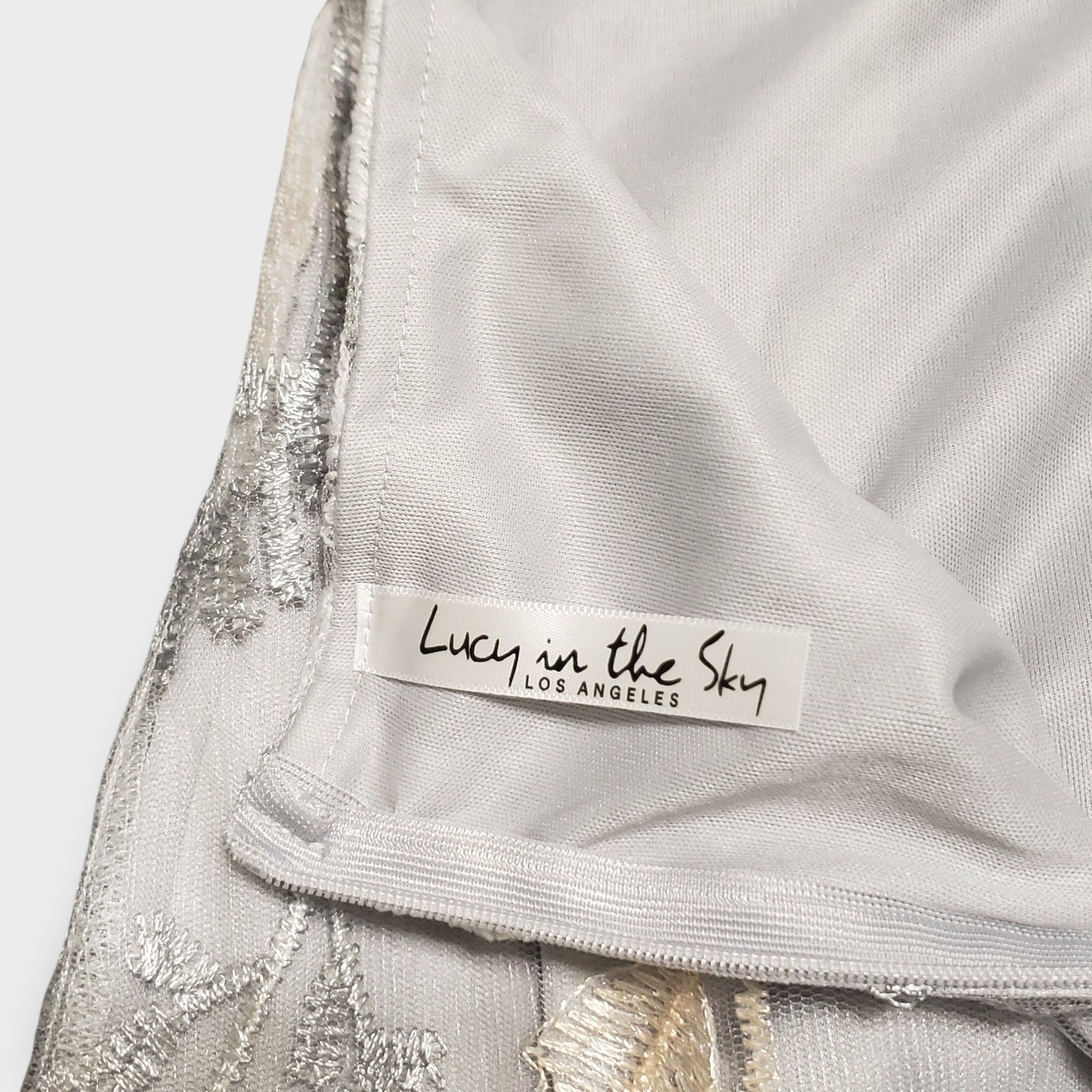 Lucy in the Sky Floral Embroidered Mesh Mini Dress Silver Grey Strappy Back S