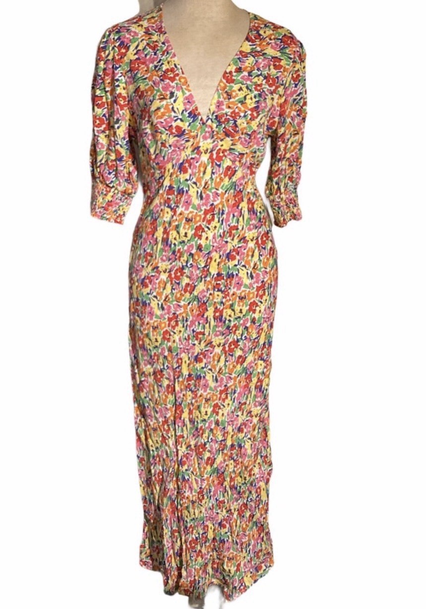RIXO Women’s Multicolor Floral V-Neck Smocked Waist A-Line Midi Dress 10
