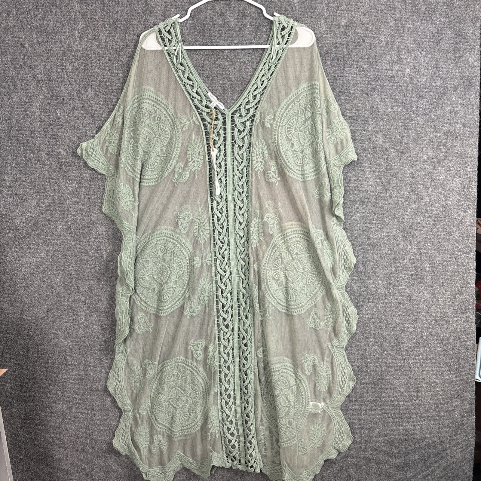 Woven Hears Cover Dress Womens Size L Green Crochet Medallion Boho Artsy Poncho